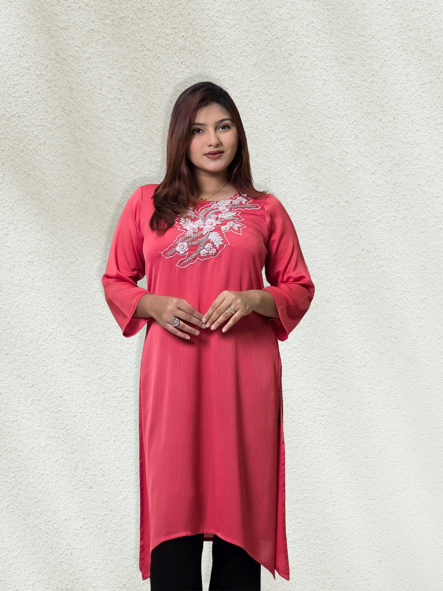 Elegant Crimson Silk Embroidered Kurti