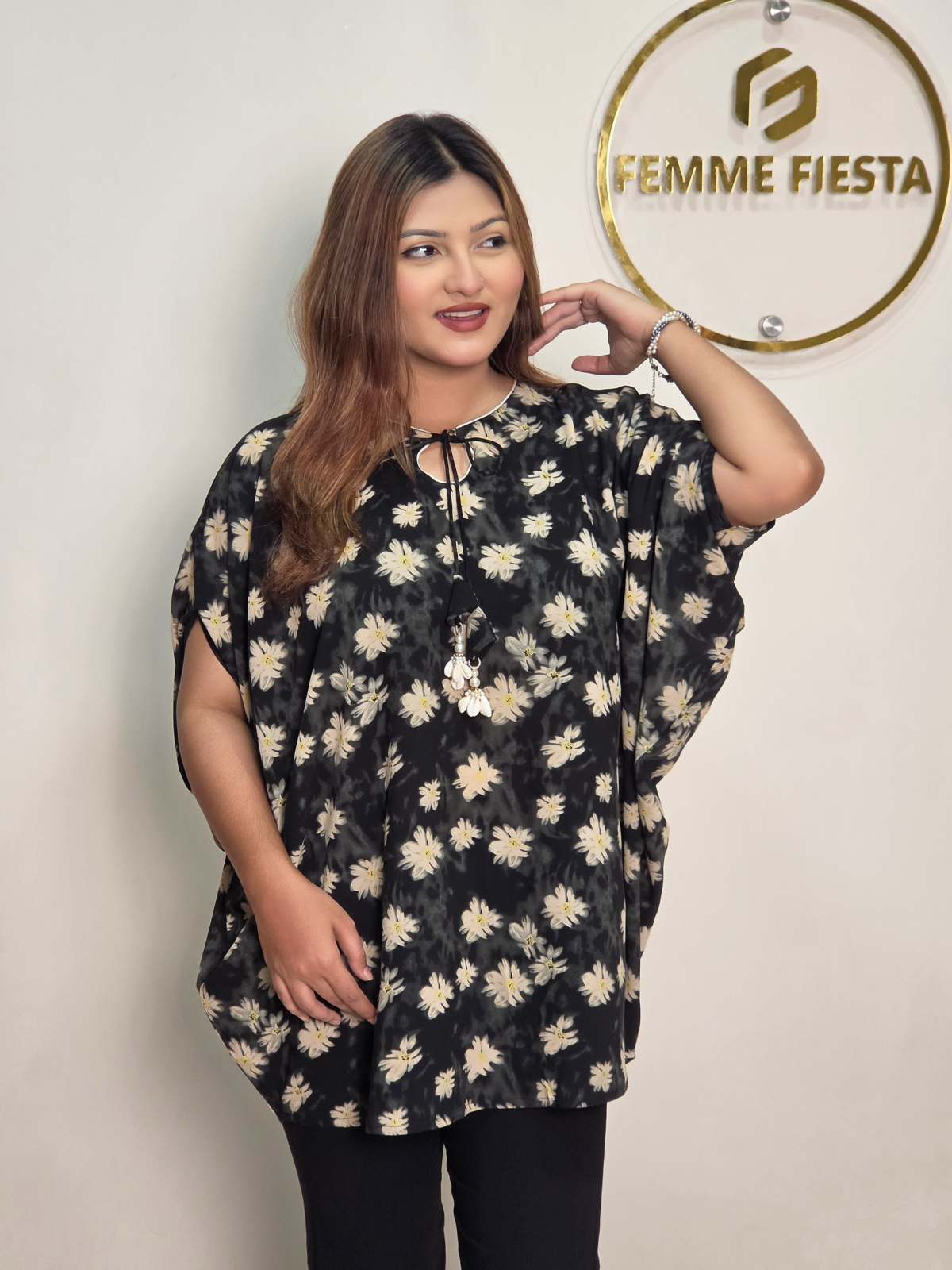 Trendy Black Floral Korean Georgette Kaftan Top - Image 2