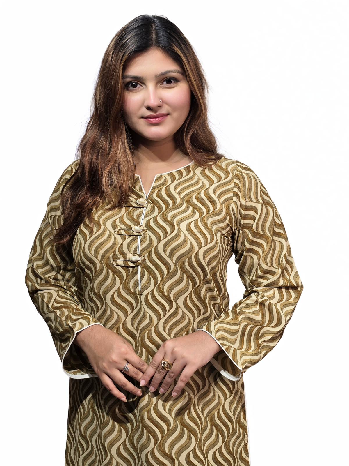Premium Korean Georgette Printed Wave Pattern Kurti (Olive and Beige) - Image 2