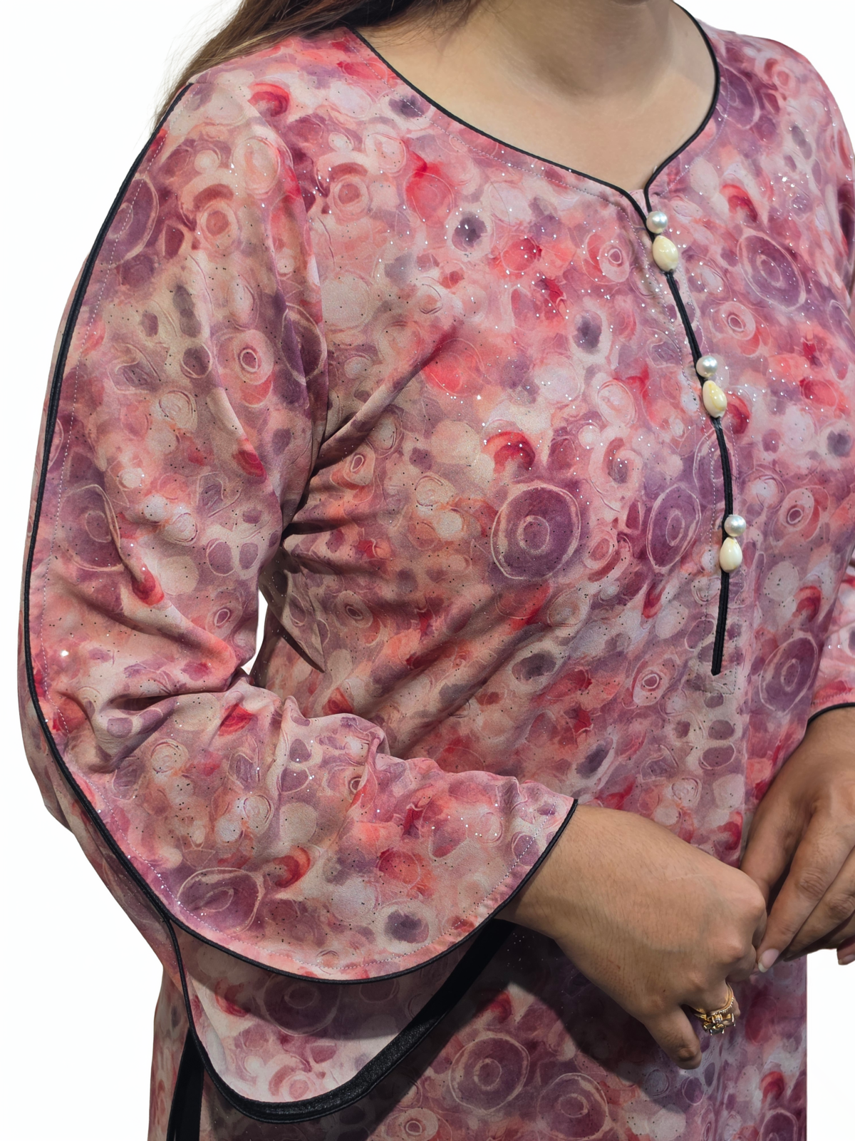 Elegant Floral Digital Printed Shimmer Kurti (Pink and Light Lavender) - Image 3