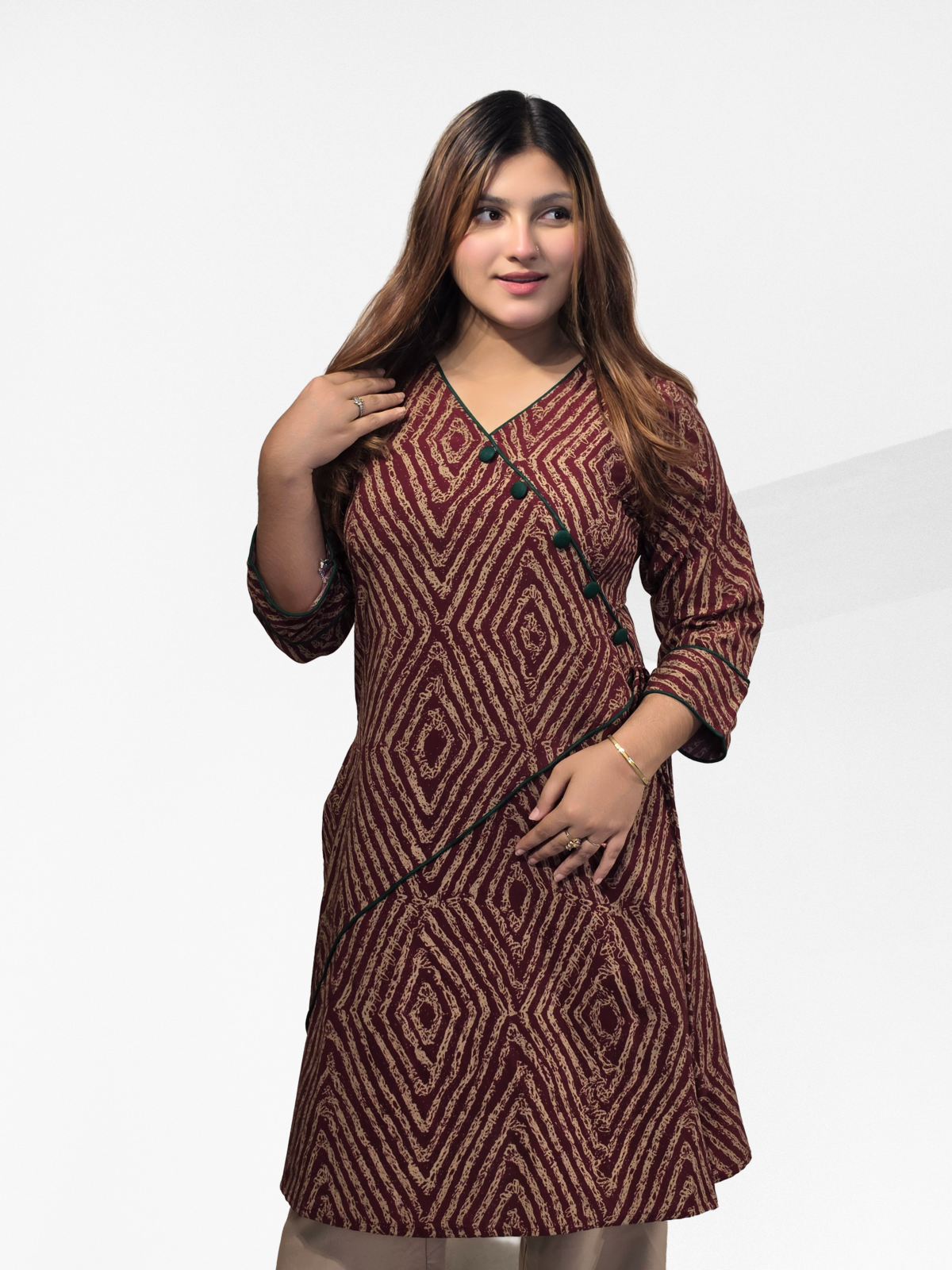 Stylish Angrakha Style Geometric Printed Kurti (Maroon and Black) - Image 5