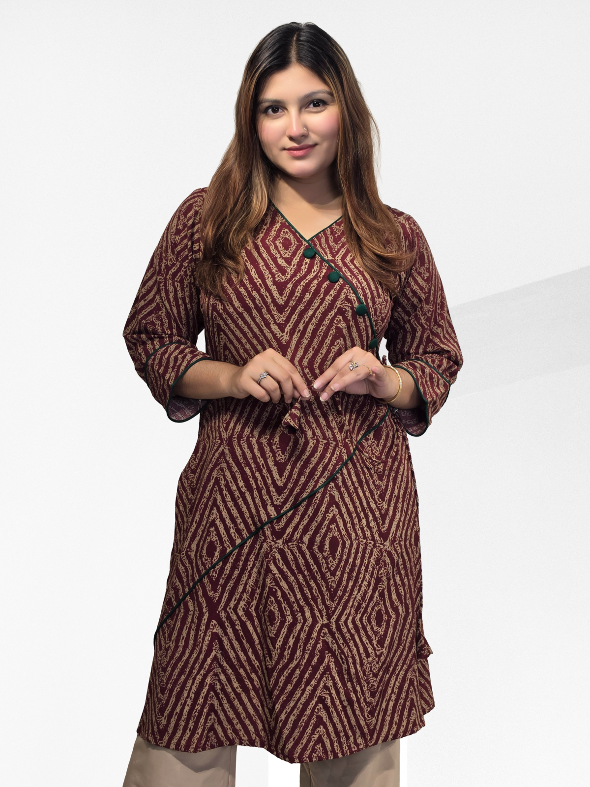 Stylish Angrakha Style Geometric Printed Kurti (Maroon and Black)