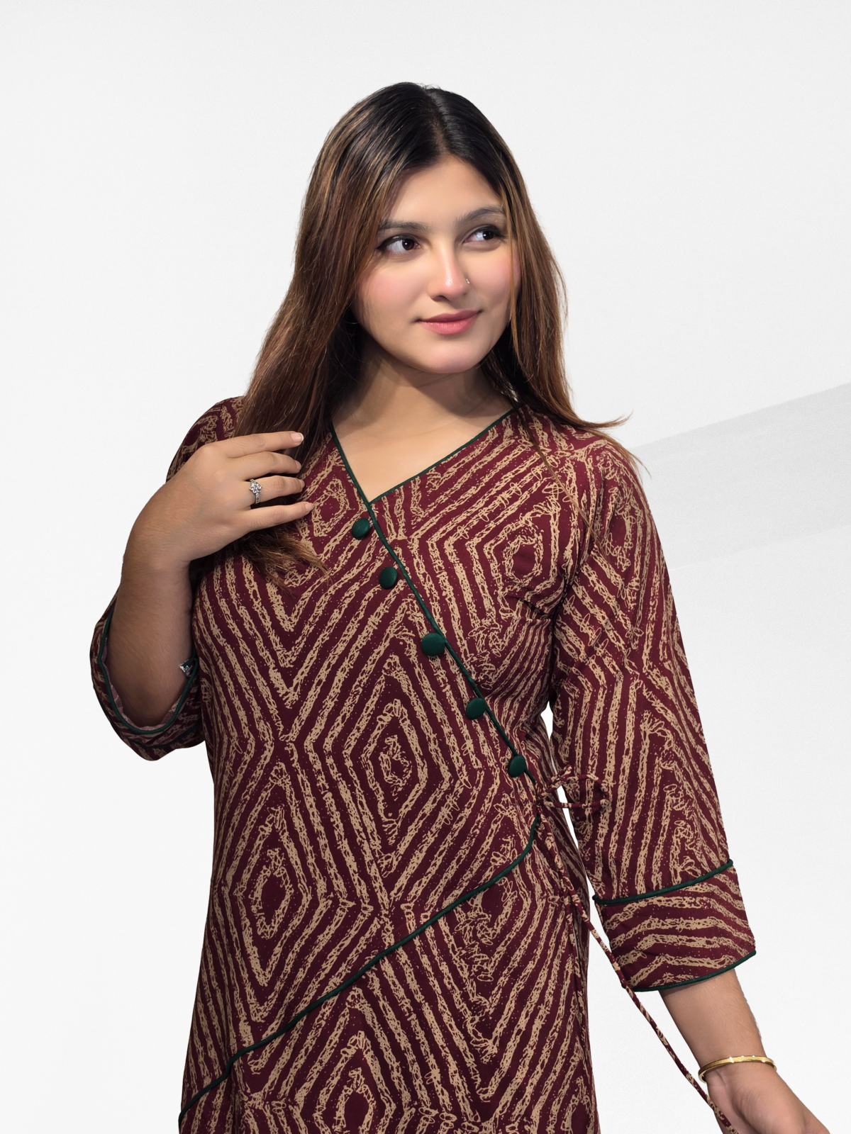 Stylish Angrakha Style Geometric Printed Kurti (Maroon and Black) - Image 6
